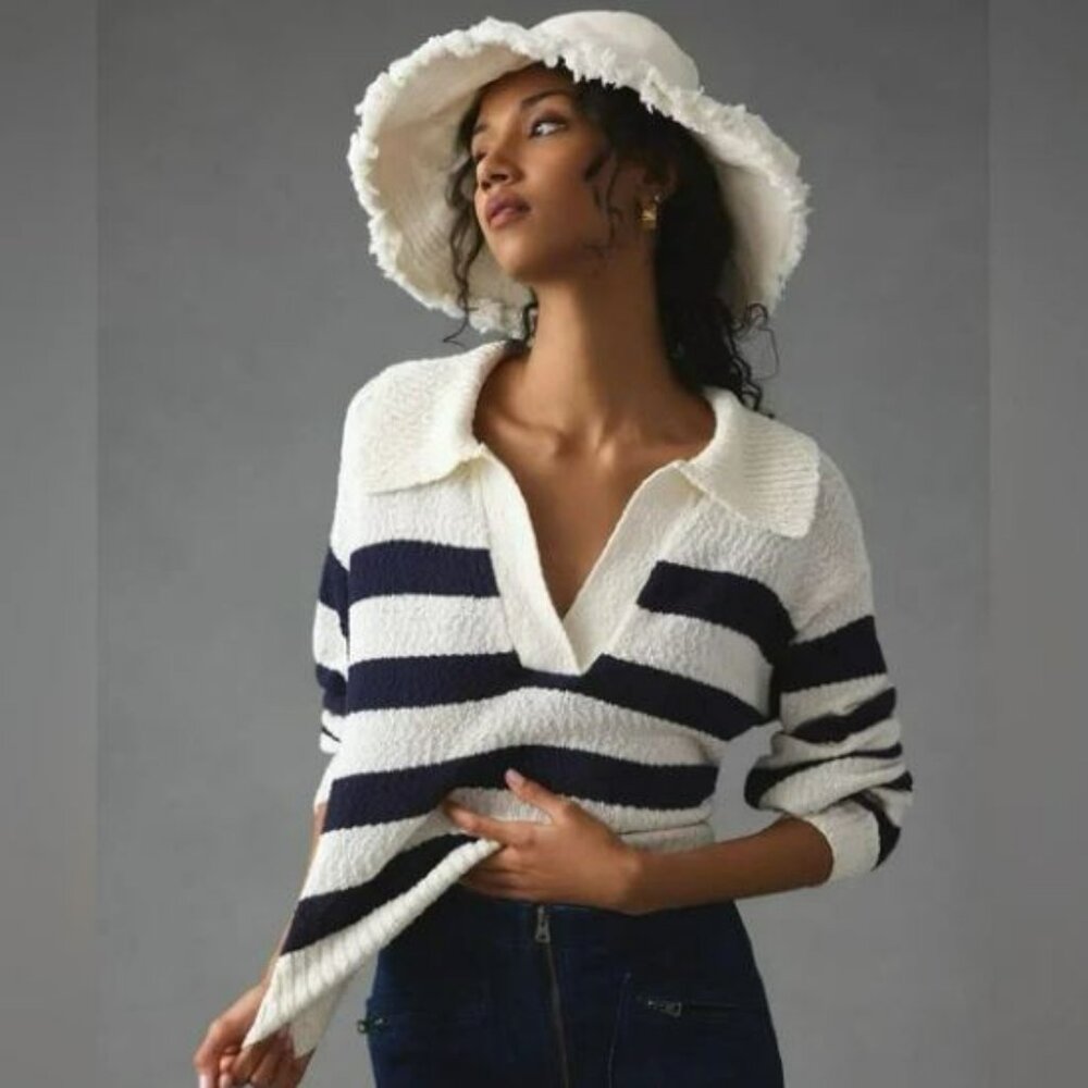 Anthropologie | Maeve V-Neck White & Blue Striped Knit Collared Polo Sweater XL